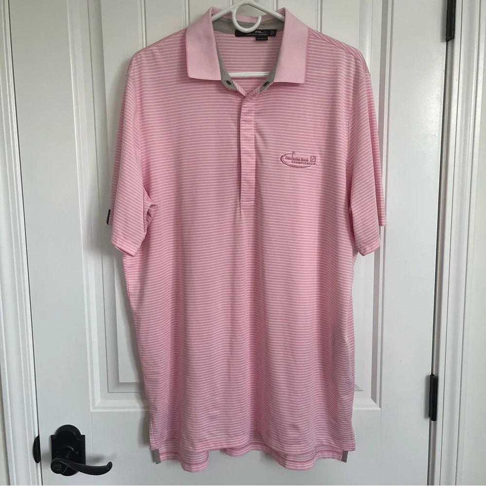 RLX Ralph Lauren Polo Golf‎ Pink White Striped Short Sleeve Large